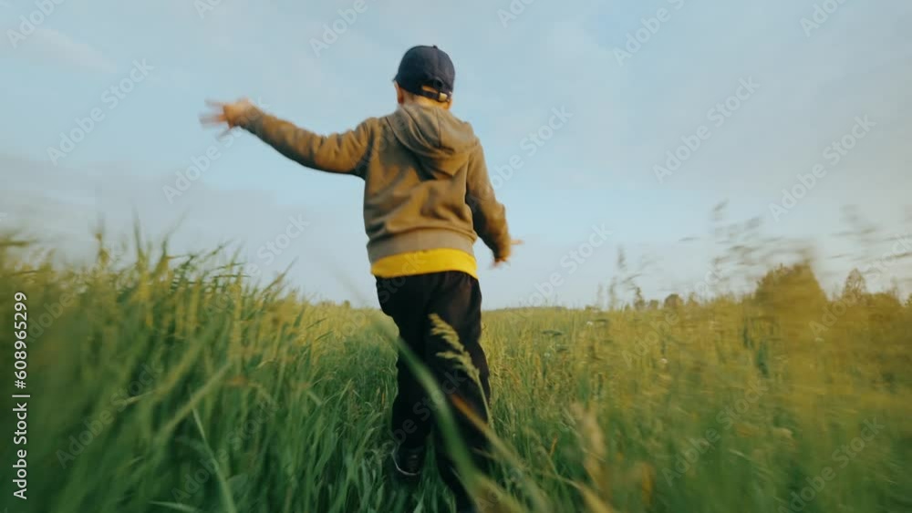 Back view of a child running on the grass in a field on a summer morning Back view of a child running on the grass in a field on a summer morning