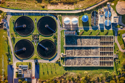 Elevated view of a water purification plant viewed from above. Above view Sewage Treatment Plant for Environment Conservation. Murcia, Spain