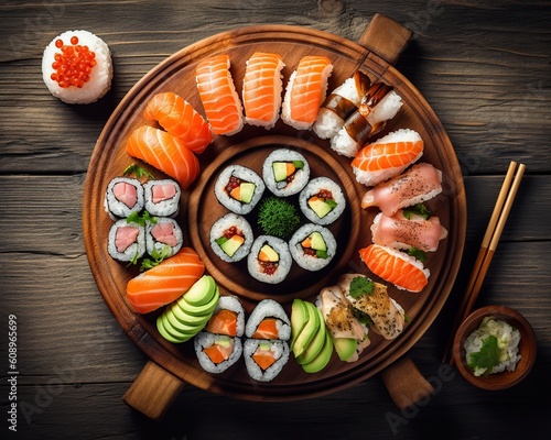 Illustration of assorted sushi. Seafood delicatessen, Generative AI