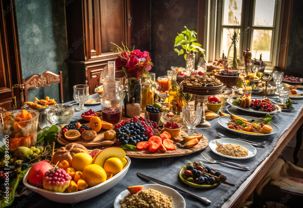 a long table setting with different food a long table setting with different food
