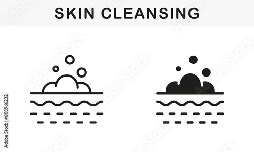 Foam Bubble on Skin for Deep Cleansing Line and Silhouette Icon Set. Skin Cosmetic Procedure Symbol Collection. Cream, Gel, Shampoo, Mousse on Face, Body Skin Pictogram. Isolated Vector Illustration