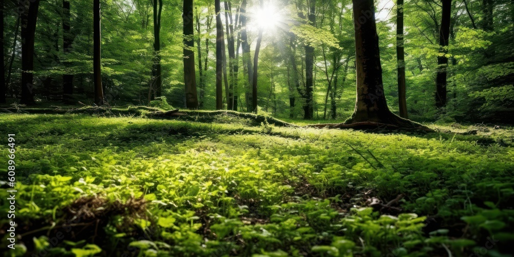 A scenic of green nature forest with beautiful sun light background. Generative Ai