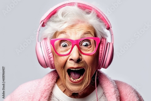 Portrait of surprised cheerful old woman listening to music with headphones made with Generative AI technology