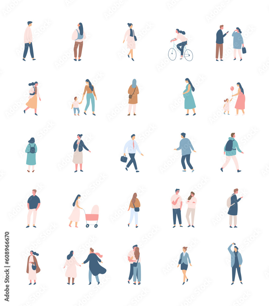 Different People flat vector silhouette bundle. Male and female flat faceless characters isolated on white background..