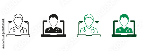 Telemedicine, Virtual Medicine Service Sign. Doctor in Computer, Online Medical Healthcare Pictogram Collection. Online Digital Medicine Line and Silhouette Icon Set. Isolated Vector Illustration