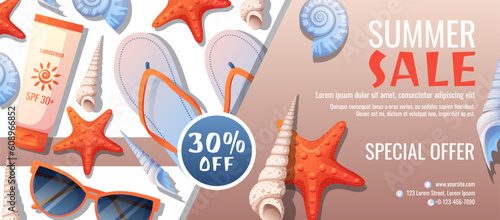 Summer banner with beach accessories. Discount coupon, special summer offer. Background, flyer with seashells, bag, sunscreen