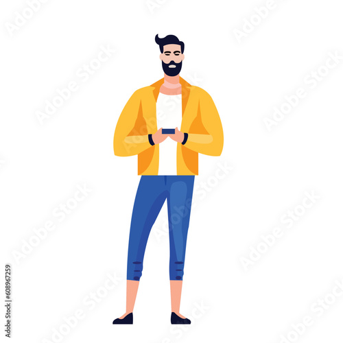 Man standing with orange shirt and blue pant