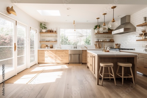 Bright, Spacious and Modern Farmhouse Style Kitchen Created with Generative AI © dendyh7