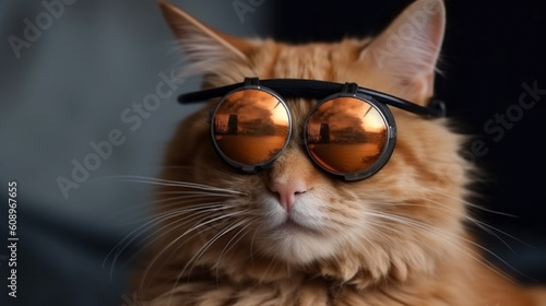 Closeup portrait of ginger cat wearing sunglasses. Generative AI.