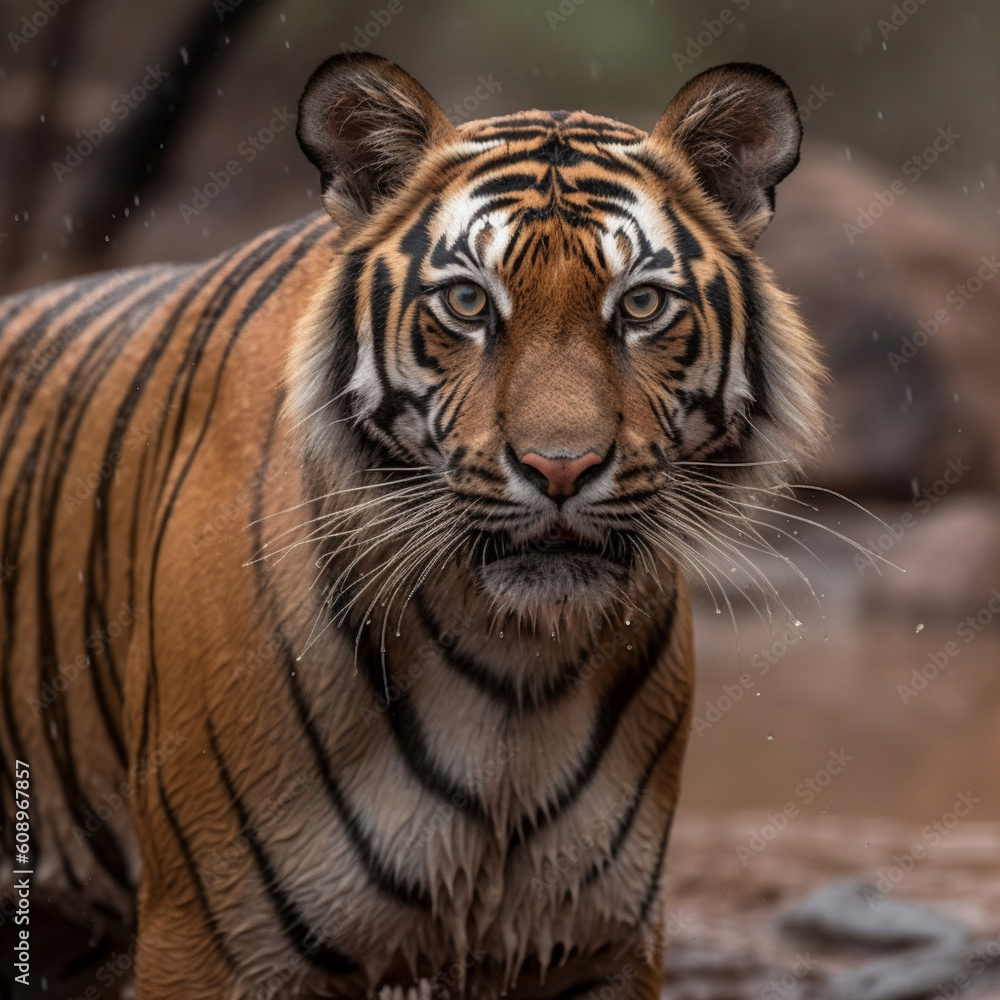 Fototapeta premium Indian male tiger with first rain wildlife in natural habi. Generative AI.
