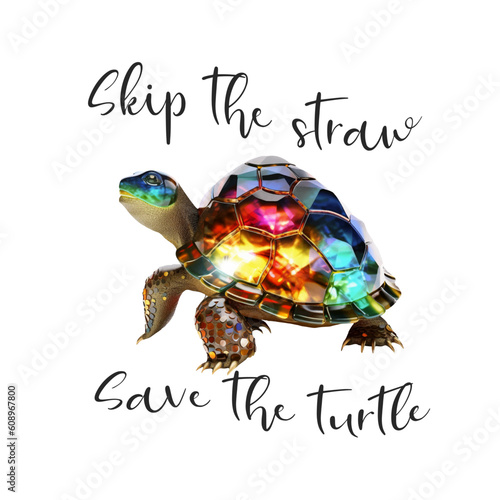 Skip the straw. Sea ​​turtle, colourful, decorated with emeralds, rubies, precious ornaments. Vector. Gold, crystals