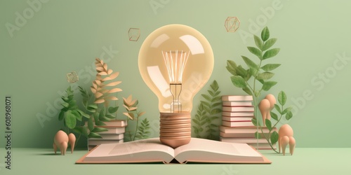 Lightbulb with Plants on Open Book, Getting Smart and Intelligent from Reading Book. Created with Ai