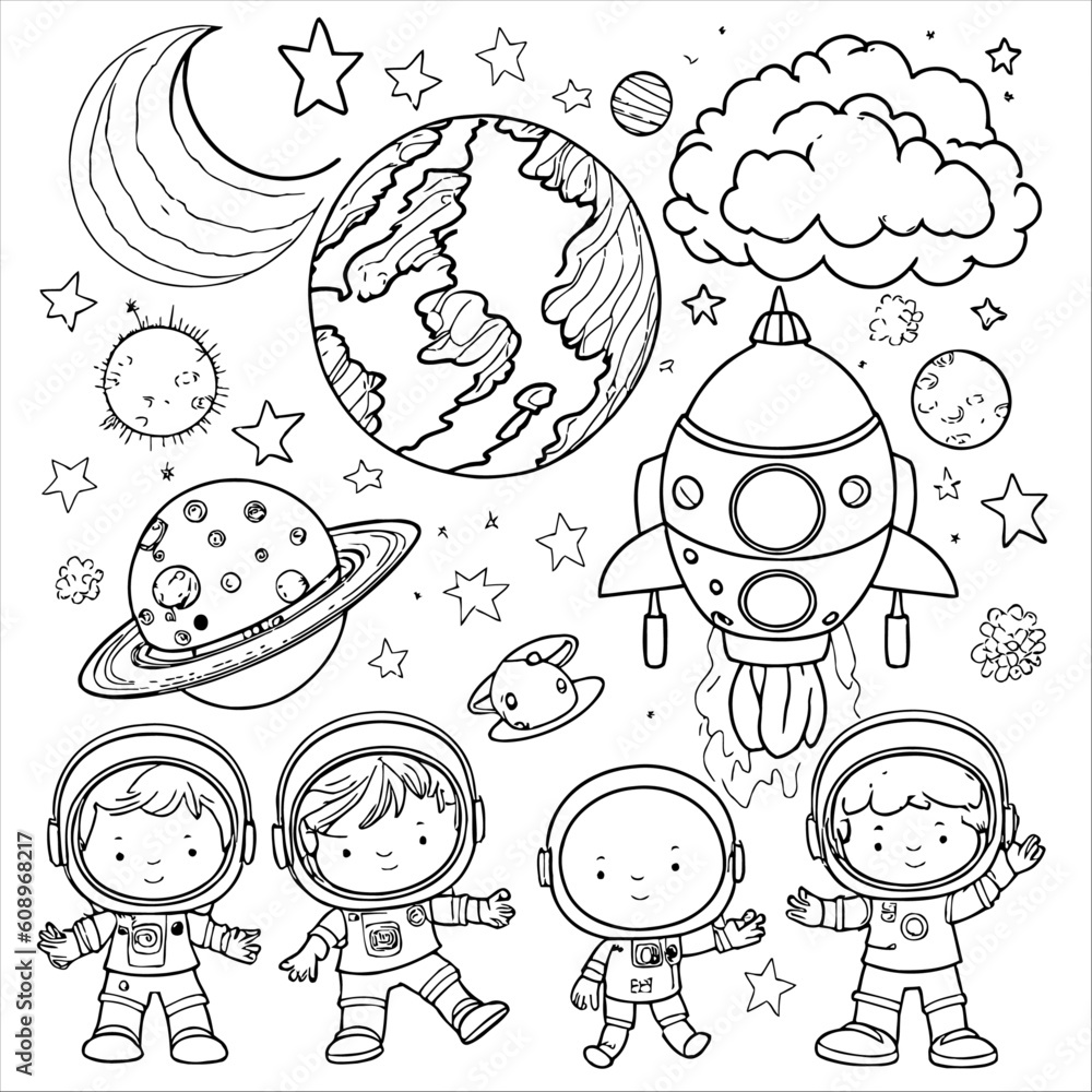 Coloring Paper Doodle, Astronaut Kids, Rocket and Galaxy