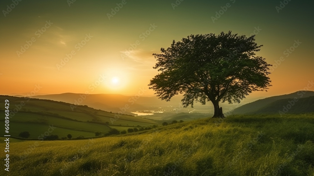 Sunset view from under a tree on a green meadow with hills. Generative AI.
