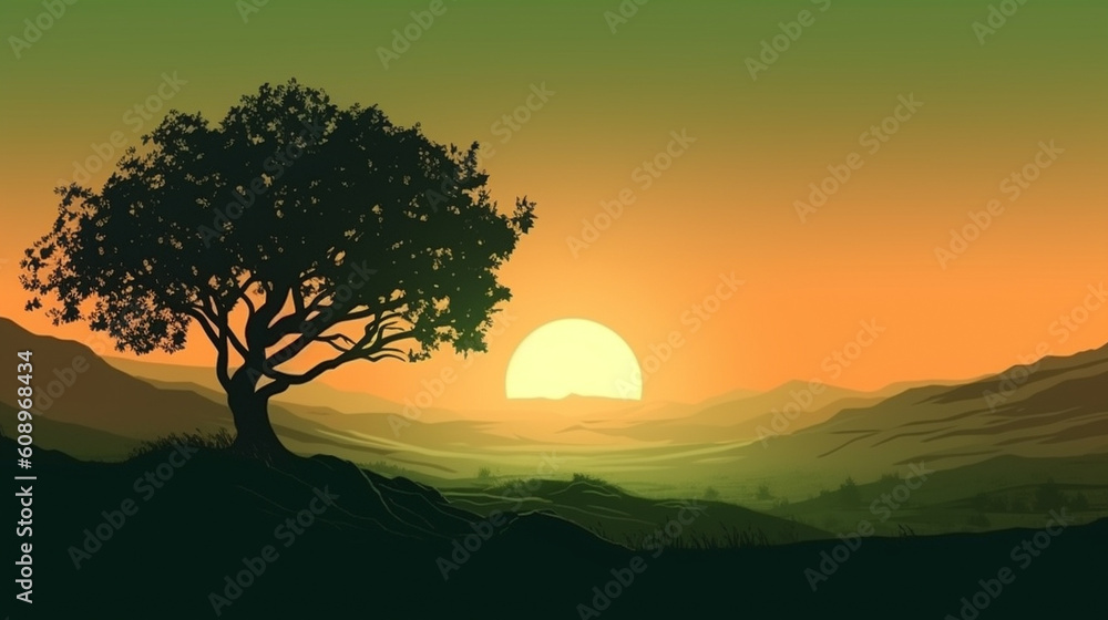 Sunset view from under a tree on a green meadow with hills. Generative AI.