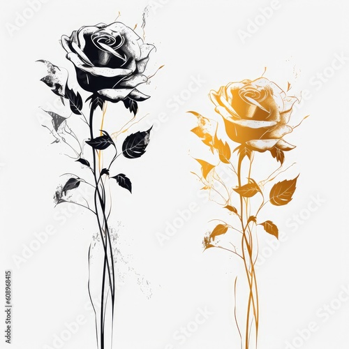 Fototapeta Naklejka Na Ścianę i Meble -  Gold and black flower roses art abstract style with white background Generative AI Illustration