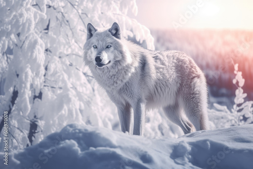 White wolve in the snowy forest, wildlife scene Generative AI