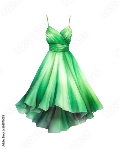 Green female dress isolated on white background in watercolor style. Generative AI.