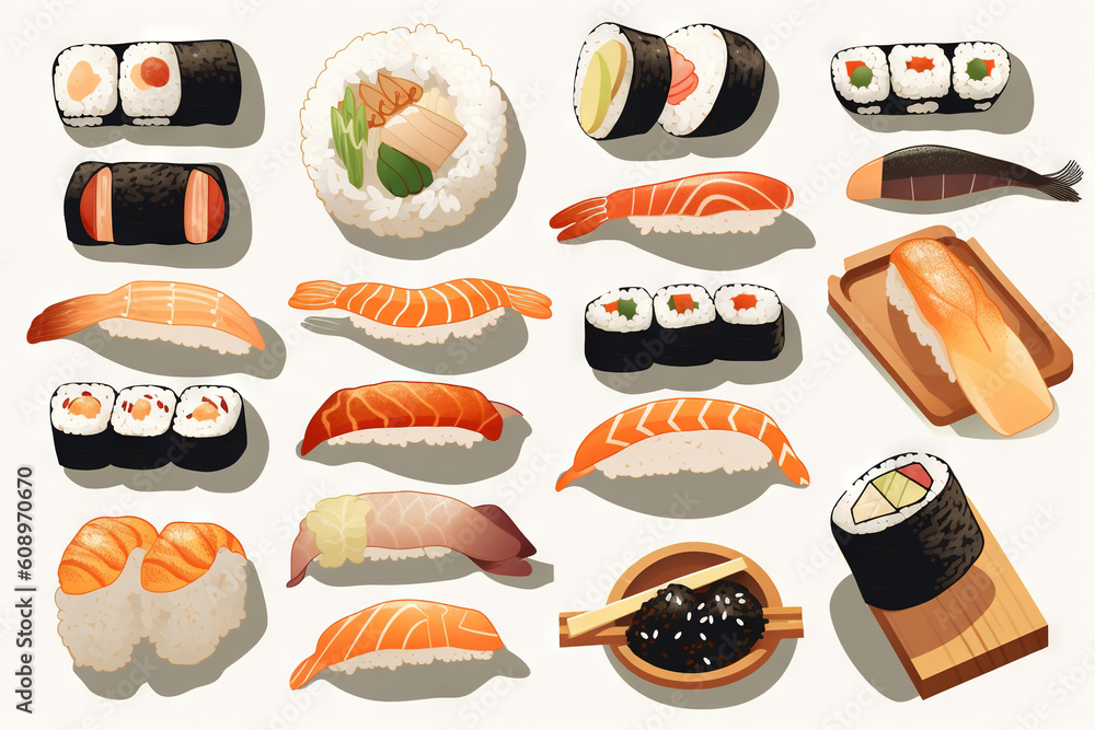 Sushi set. Collection of fast fool in asian style. Classic shushi and rice rolls. Generated AI. Sushi set. Collection of fast fool in asian style. Classic shushi and rice rolls. Generated AI.