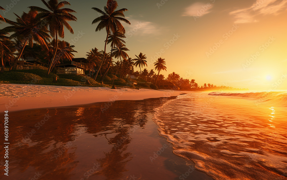 Beautiful sunset beach. The shore is home to coconut trees, and the setting sun bestows a luminous glow upon the calm beach.  Generative AI
