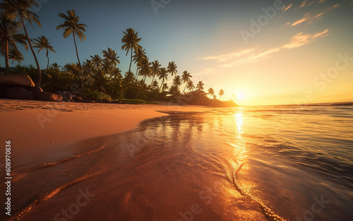 Beautiful sunset beach. Coconut trees line the shore, and the setting sun bathes the peaceful beach in a vibrant light. Generative AI