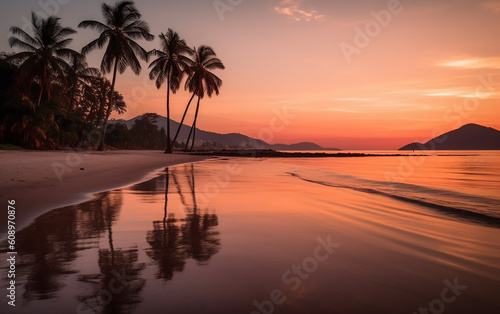 Beautiful sunset beach. Coconut trees stand tall along the shore, while the setting sun creates a brilliant spectacle on the serene beach. Generative AI