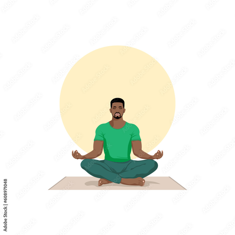 An African-American man sits in the lotus position.