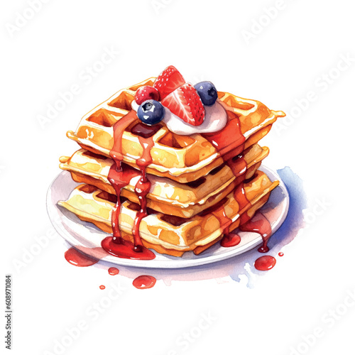 Breakfast dessert Watercolor character viennese waffles watercolor. Vector illustration background.