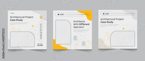 Set of editable minimal architecture social media post, black and white square banner template, vector illustration eps 10