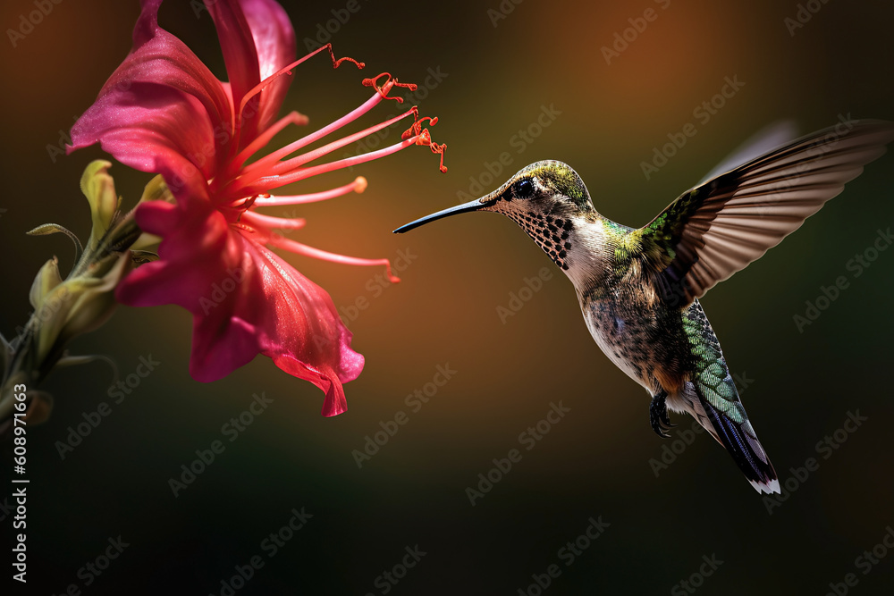 Naklejka premium Macro image of a hummingbird feeding nectar from a flower.