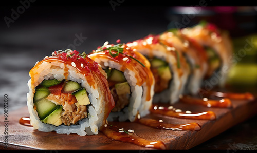 Sushi roll with salmon, smoked eel, avocado, cream cheese on black background. Sushi menu. Japanese food. photo