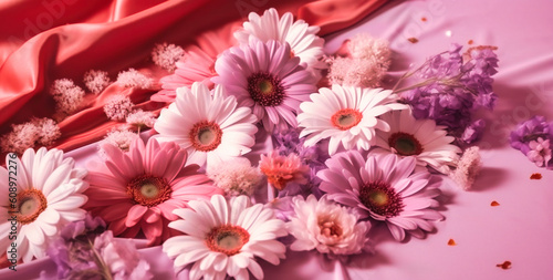 a pink sheet of pink and white flowers on a pink background © Nilima