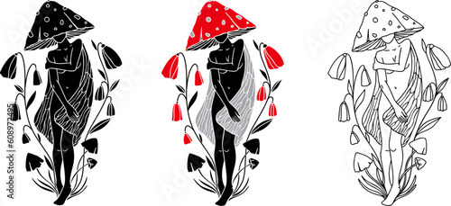 Vector illustration of mushroom girl for t shirt design. Mushroom with graceful female legs. Abstract lady with mushroom hat. Hand drawn modern Vector illustration. Unique Psychedelic creature.
