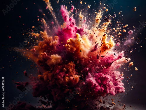 Colored powder explosion on dark background. Freeze motion. Ai generative
