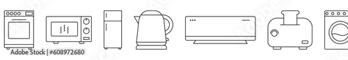 Set of kitchen appliances line icons. Convection oven, microwave, fridge, kettle, air conditioner, toaster, washing machine Vector illustration