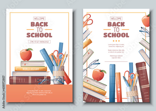 Set of flyer template with school accessories, books and textbooks. School time, back to school, education. Flyer, poster, banner size a 4.