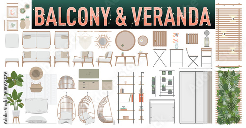 Balcony, Veranda or Terrace Furniture Set with Top and Side Views for Interior Architectural Drawings