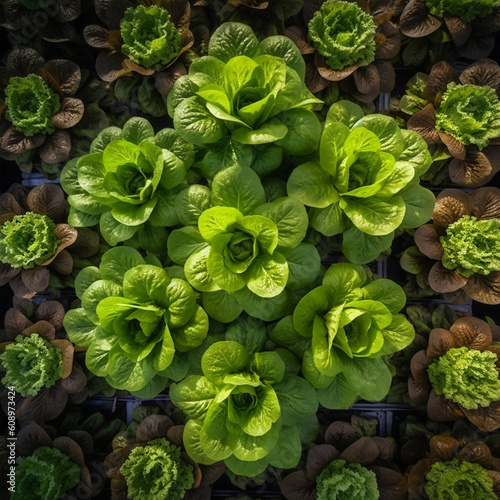 green lettuce leaves growing in a greenhouse top view, agricultural background with green lettuce plants