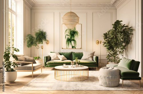 a living room of white walls and green furniture