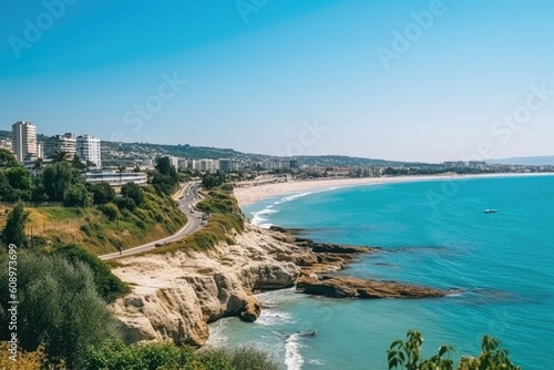 aerial photo from drone of beautiful city and the beach , AI Generated