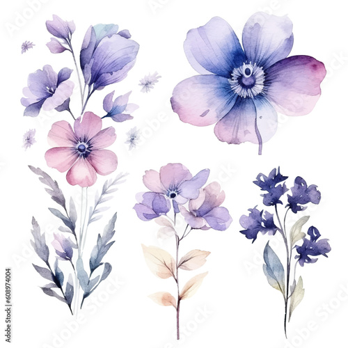 Set of floral watecolor purple blue. flowers and leaves. Floral poster  invitation floral. Vector arrangements for greeting card or invitation design