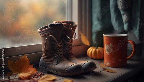 Boots on the windowsill, cozy autumn background. Generated AI