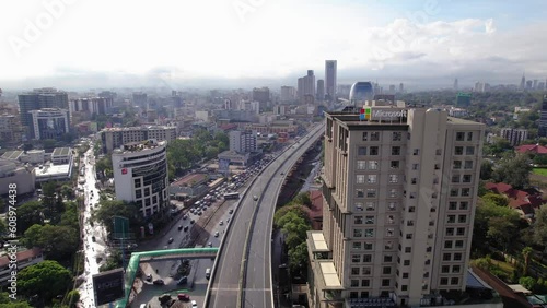 Aerial drone reveal shot of Nairobi Westlands buildings in the morning