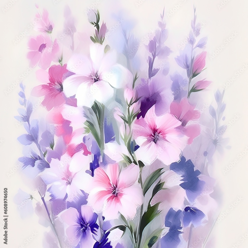 Watercolor bouquet of flowers in pastel tones. Hand-drawn illustration.