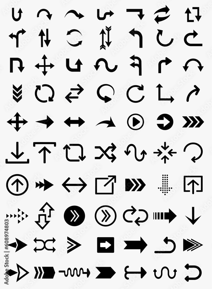 Vector black Set flat arrow 70 icons set. Different black Arrows icons ...