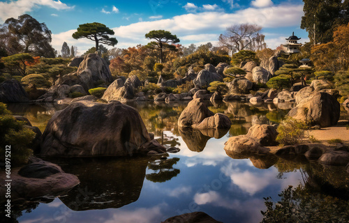 the japanese garden has rocks and water