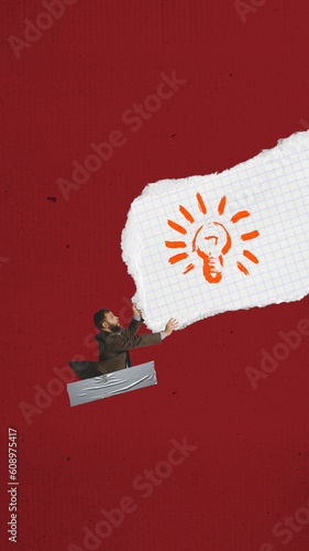 Contemporary art collage with surprised man holding a piece of paper with drawing light bulb over red background. Creative artwork with torn paper style. Concept of inspiration photo