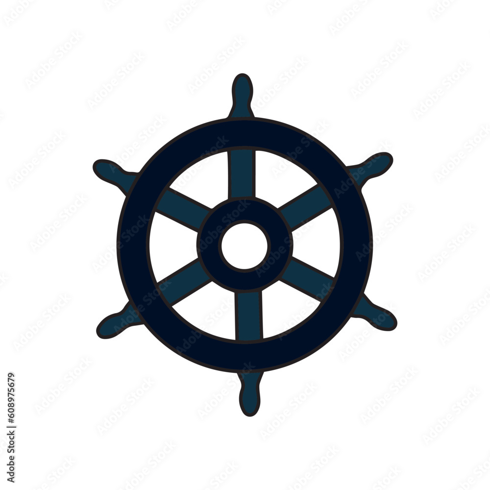 Nautical helm isolated on white. Ship and boat steering wheel sign. Boat wheel control icon. Rudder label. Nautical helm isolated on white. Ship and boat steering wheel sign. Boat wheel control icon. Rudder label.