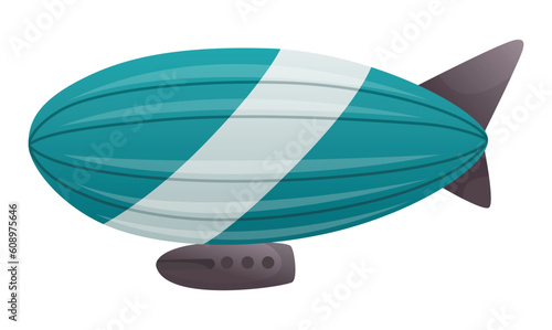 Zeppelin passenger airship. Bright colored cigar shaped balloon or retro zeppelin with stripes cabin for people elongated. Huge balloon with helium for free travel tourism. Vector cartoon art