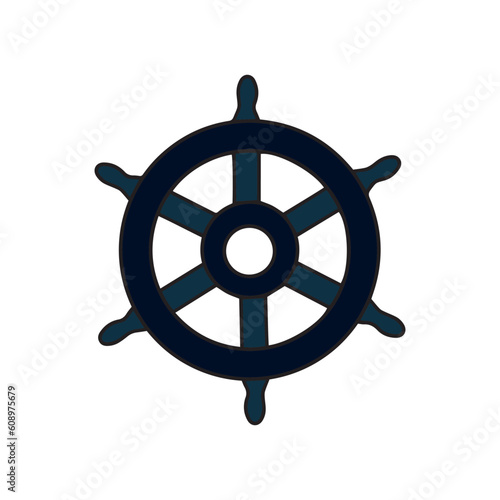 Nautical helm isolated on white. Ship and boat steering wheel sign. Boat wheel control icon. Rudder label.